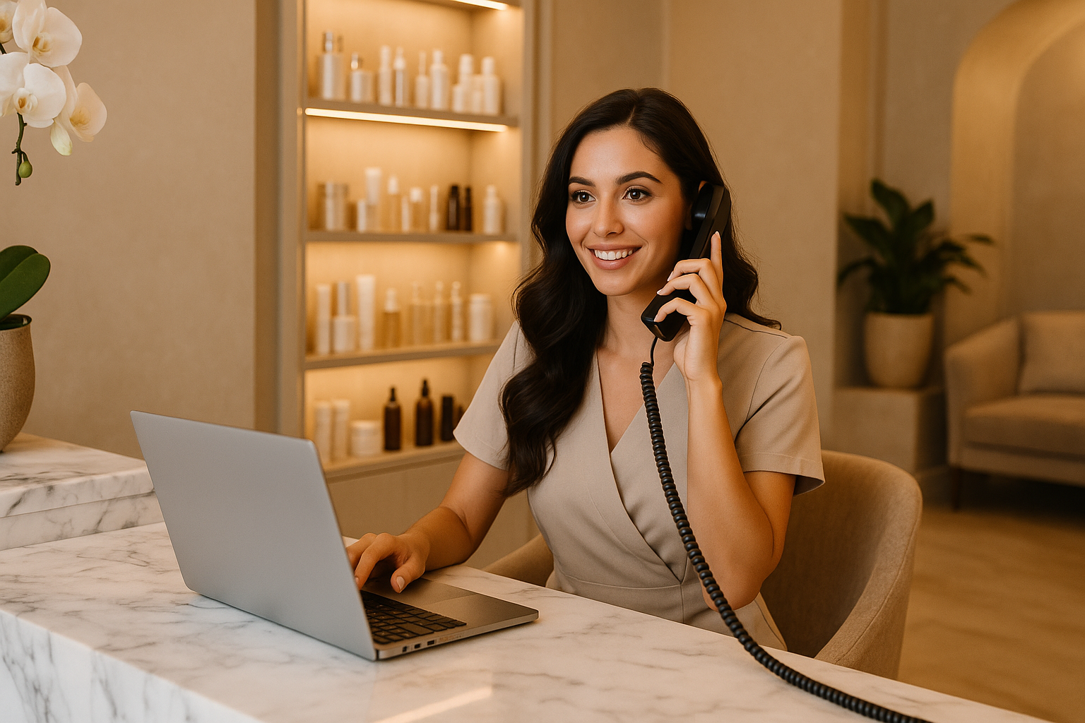 Receptionist answering the phone at a modern MedSpa front desk